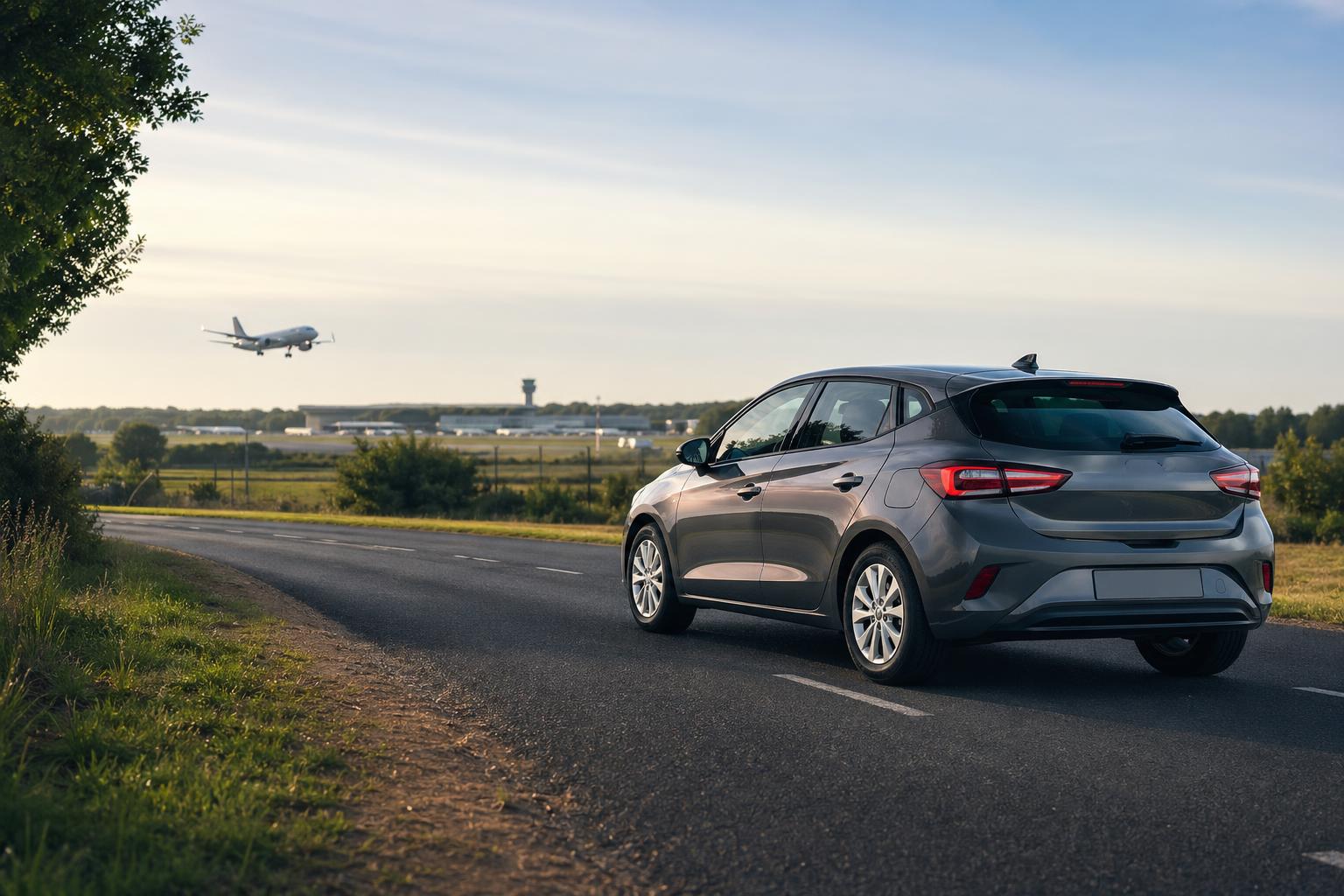 A clean hire car on a scenic road near Southampton Airport in soft morning light.